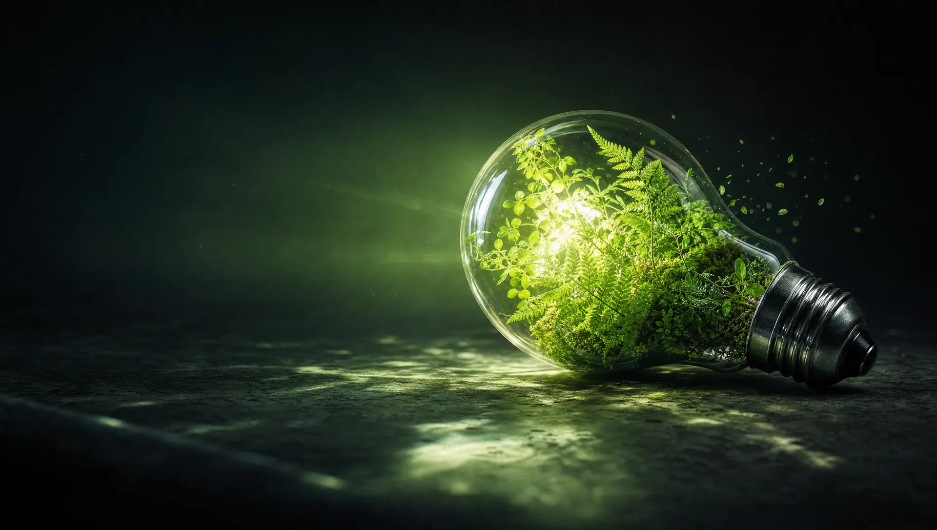 Leuchtende Glasbirne mit grünen Pflanzen als Symbol für Webdesign, SEO und KI